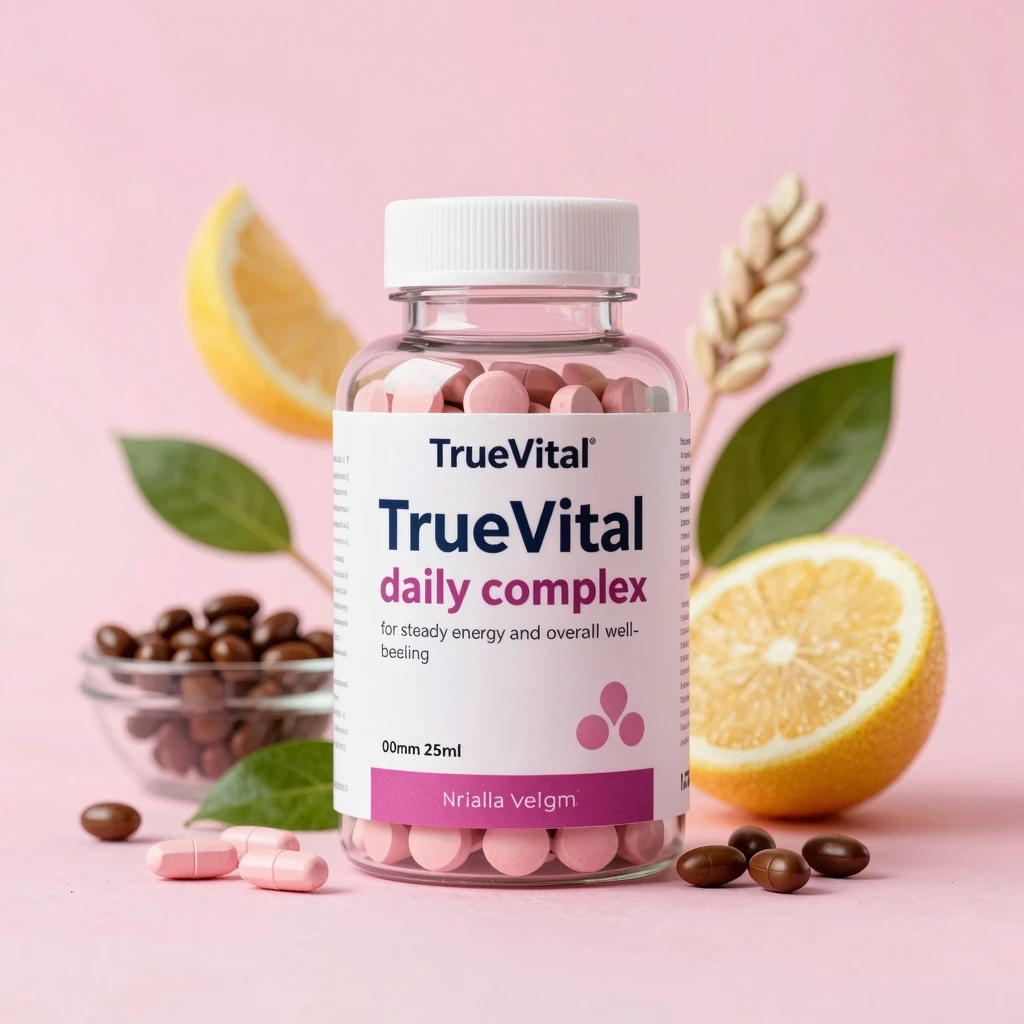  TrueVital supplement bottle illustration with soft gradient packaging